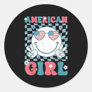 Grappig Amerikaans meisje glimlach gezicht 4 juli Ronde Sticker