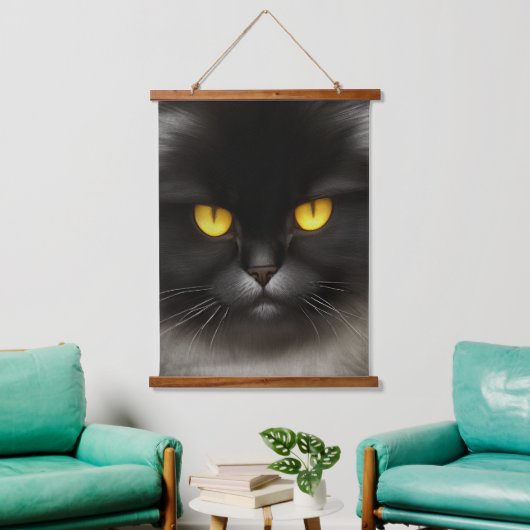 Grappig Angry Fluffy Black Perzische Kitty Cat Fac Hangend Wandkleed (Woonkamer)