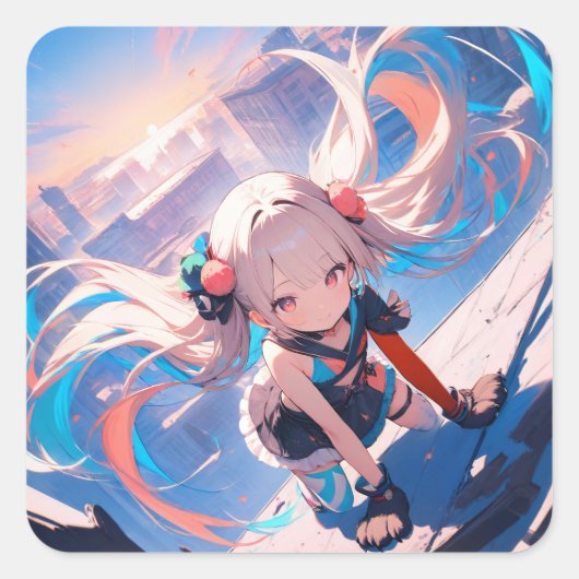 Grappig anime meisje in beweging vierkante sticker (Voorkant)