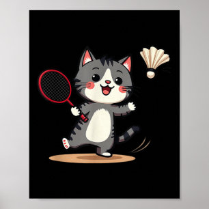 Grappig Badminton Schattige Kat Racket Shuttle Man Poster