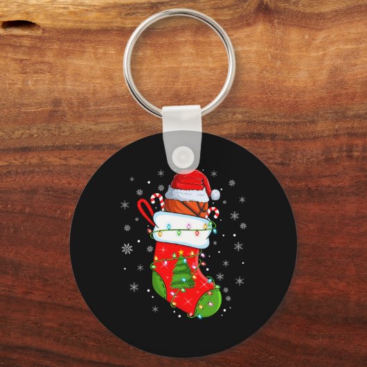 Grappig Basketbal in Kerst Sokken Santa Lights X Sleutelhanger (Voorkant)