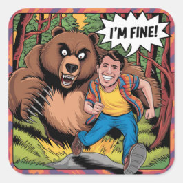 Grappig Beer Chase "I'm Fine" Cartoon Illustratie Vierkante Sticker
