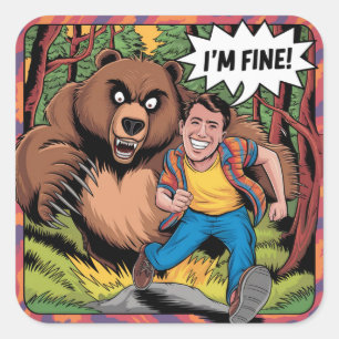 Grappig Beer Chase "I'm Fine" Cartoon Illustratie Vierkante Sticker
