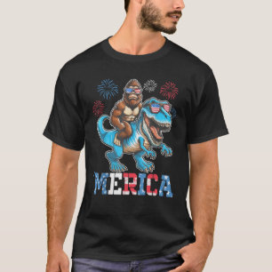 Grappig Bigfoot Riding Dinosaur Merica Vuurwerk 4e T-shirt
