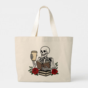 Grappig boek en koffie minnend skelet rode bloemen grote tote bag