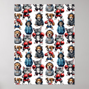 Grappig Boksen Kat Hond Patroon Design Poster