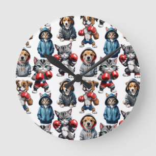 Grappig Boksen Kat Hond Patroon Design Ronde Klok