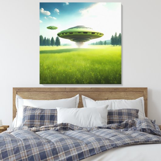 Grappig canvas UFO aliens op een groene weide (Insitu (Slaapkamer))