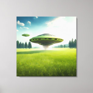 Grappig canvas UFO aliens op een groene weide Afdruk
