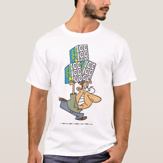 Grappig Cartoon Man Paniek kopen toiletpapier T-shirt (Voorkant)