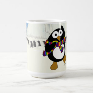 Grappig cartoon pinguïn dansen. koffiemok