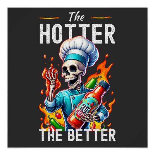 Grappig Chef skelet met saus in het vuur Perfect Poster (Voorkant)