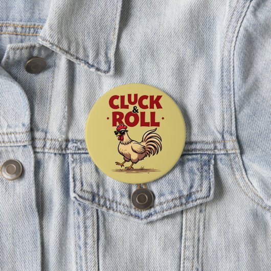 Grappig "Cluck & Roll" Cool Rooster Cartoon ontwer Ronde Button 7,6 Cm (In situ)