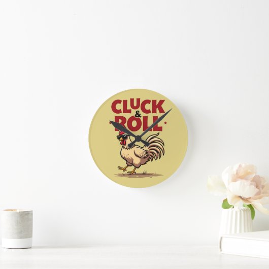Grappig "Cluck & Roll" Cool Rooster Cartoon ontwer Ronde Klok (Huis)