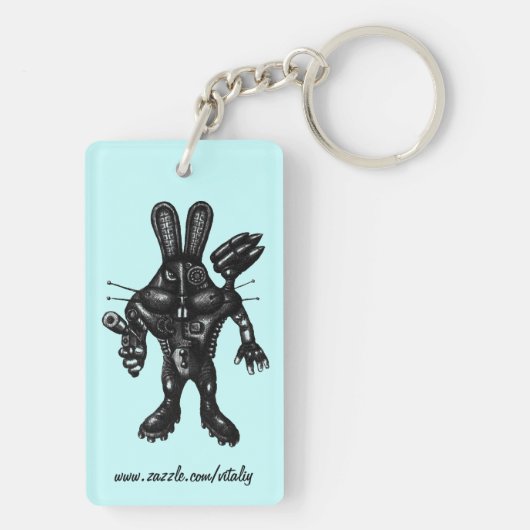 Grappig coole cyborg bunny pen inkt tekening kunst sleutelhanger (achterkant)
