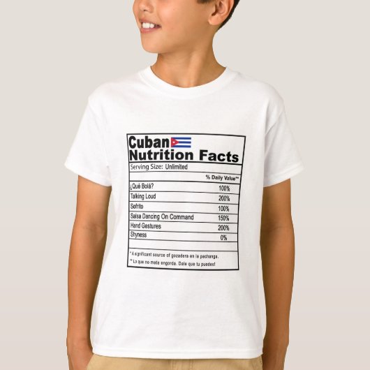 Grappig Cuban Nutrition Fact T-shirt voor kinderen (Voorkant)