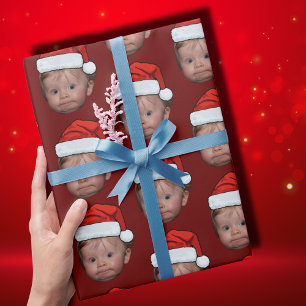 Grappig Custom Baby Face Foto Santa Hat Kerstmis Cadeaupapier