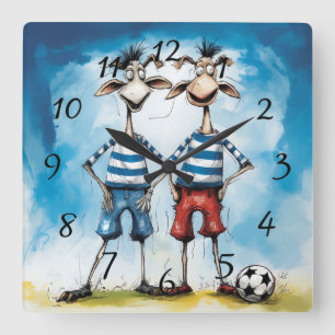 Grappig dierenvoetballers Poster Vierkante Klok