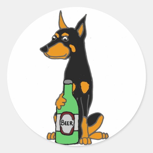 Grappig Doberman Pinscher Hond Drink Bier Ronde Sticker (Voorkant)