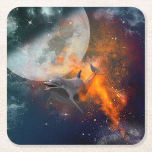 Grappig dolfijn in het universum vierkante kartonnen onderzetter