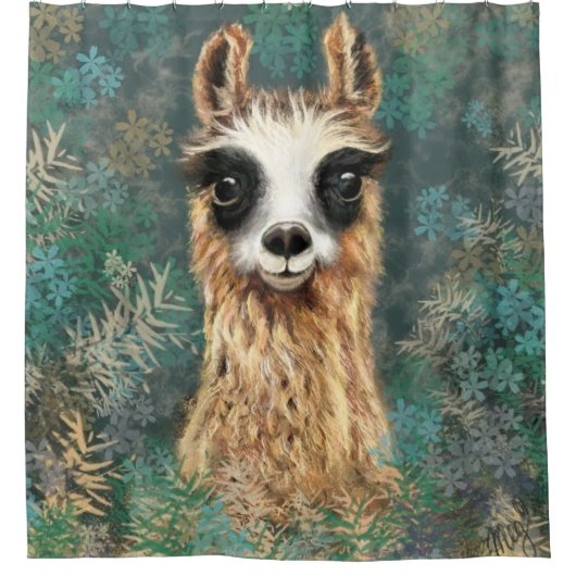 Grappig Douchegordijn met Curious Baby Llama (Voorkant)