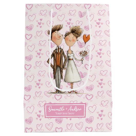 Grappig Eigenzinnig Trouwpaar Gift Bag Custom Naam Medium Cadeauzakje (Achterkant)