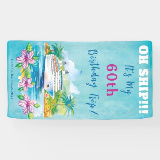 Grappig eiland strand 60e verjaardag cruise schip spandoek (Horizontaal)