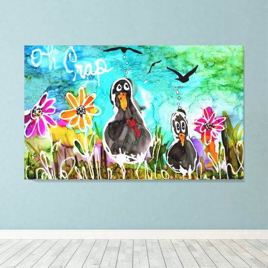 Grappig en kleurrijk Oh Crap Crows Canvas (Insitu (Houten vloer))
