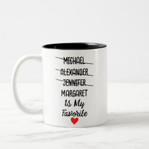 Grappig favoriet kind met gepersonaliseerde 4 name tweekleurige koffiemok
