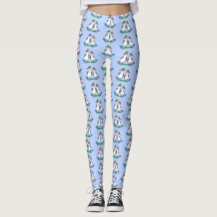Grappig, gelukkig blauw gefundeerde cartoon die op leggings
