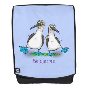 Grappig, gelukkig blauw gefundeerde cartoon die op rugtassen