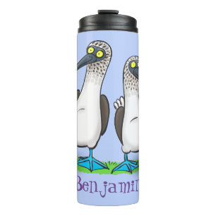 Grappig, gelukkig blauw gefundeerde cartoon die op thermosbeker