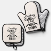 Grappig gepersonaliseerd roken Hot Grill Master Ovenwant & Pannenlap Set (Voorkant / Achterkant)