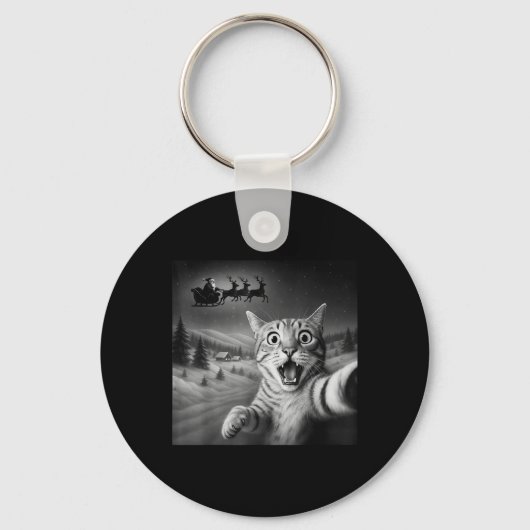 Grappig geschokte kat Selfie Santa Sleigh Christma Sleutelhanger (Voorkant)