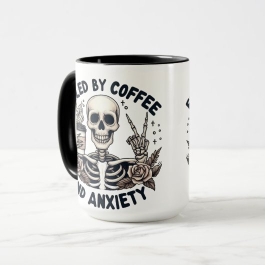 Grappig "Gevoed door koffie en angst" Skelet Mok (Voorkant links)