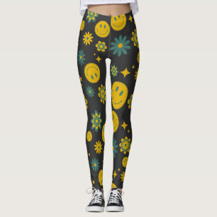 Grappig glimlach gezicht en groovy bloemen leggings