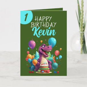Grappig groen en Blauwgroen Trex Boy 1e Verjaardag Kaart