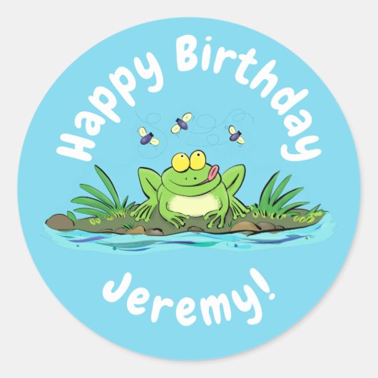 Grappig groene kikker met flies cartoon illustrati ronde sticker (Voorkant)