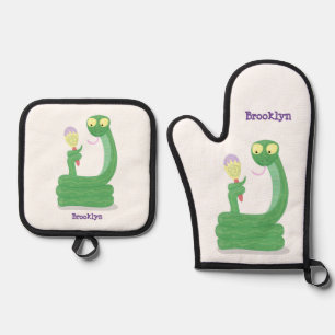 Grappig groene slang met maraca-cartoon ovenwant & pannenlap set