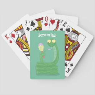 Grappig groene slang met maraca-cartoon pokerkaarten