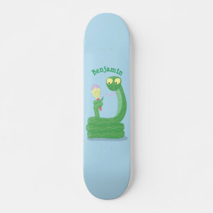 Grappig groene slang met maraca-cartoon skateboard