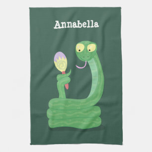 Grappig groene slang met maraca-cartoon theedoek