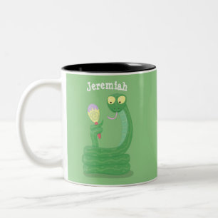 Grappig groene slang met maraca-cartoon tweekleurige koffiemok