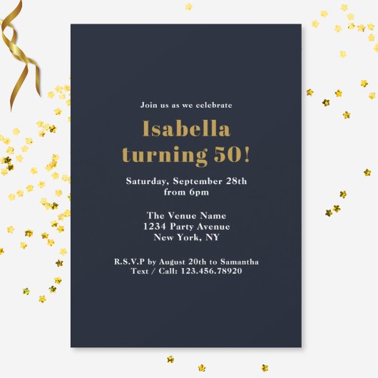 Grappig groot vijf-oh verjaardag marine blauw goud kaart