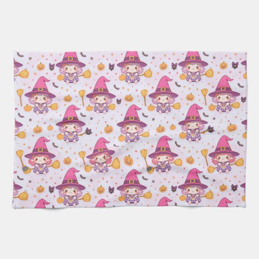 Grappig Halloween patroon met pompoenen en heks Theedoek (Horizontaal)