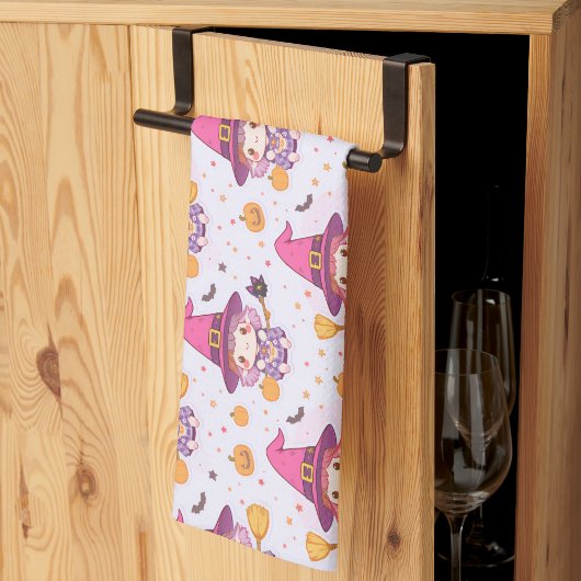 Grappig Halloween patroon met pompoenen en heks Theedoek