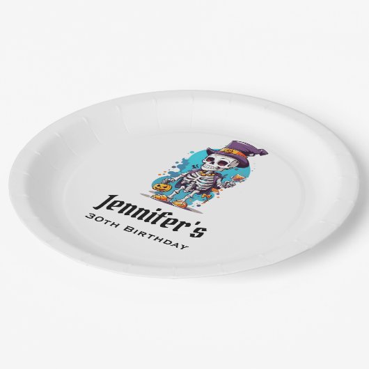 Grappig Halloween Skelet met Top Hat Verjaardag Papieren Bordje (Gekanteld)