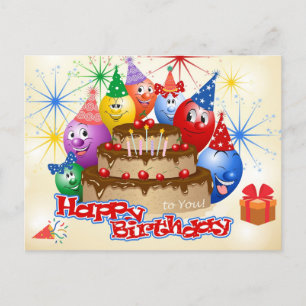 Grappig Happy Birthday-ballonnen en Chocolate Cake Briefkaart