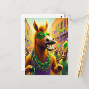 Grappig Happy Mardi Gras paard met kralen Briefkaart