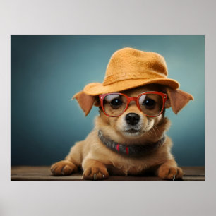 Grappig hondje met bril en pet poster
